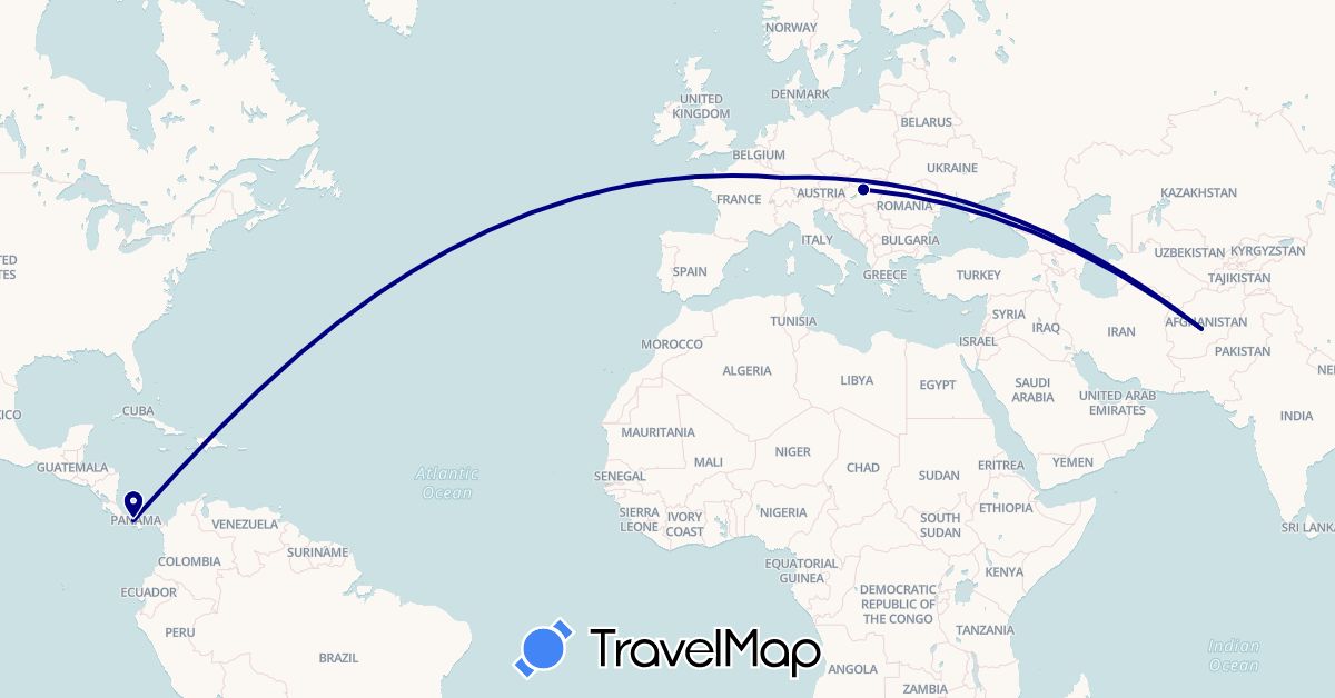 TravelMap itinerary: driving in Afghanistan, France, Hungary, Panama (Asia, Europe, North America)